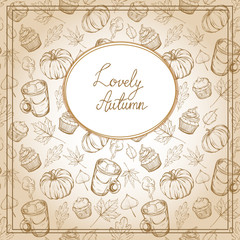 Fototapeta na wymiar Postcard on autumn theme,handmade,vector illustration,retro,leaves,pumpkins,cocoa,cupcakes