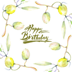 Olive watercolor background illustration set. Green leaf. Leaf plant botanical foliage. Frame...