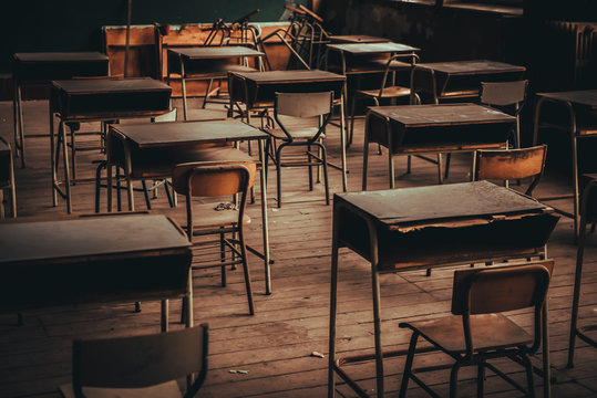 Room with old school desks