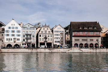 Old medieval buildings and Limmat river in Zurich Old town Altstadt
