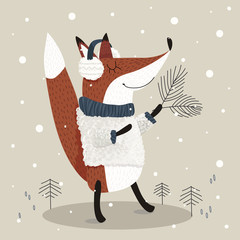 Vector illustration of cute red fox wearing fluffy sweater and headphones standing in the forest with christmas tree. Graphic drawing animal poster for kids room. Wallpaper, postcard or greeting card