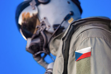 Air force pilot flight suit uniform with Czech Republic flag patch. Military jet aircraft pilot	