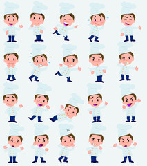 Cartoon character chef. Set with different postures, attitudes and poses, doing different activities in isolated vector illustrations.