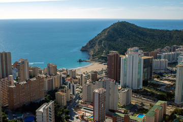Obraz premium Aerial photo showing the whole of Benidorm in Alicante, you can see everywhere included Playa de Levante beach, Balcón del Mediterráneo and all the high rise hotels.