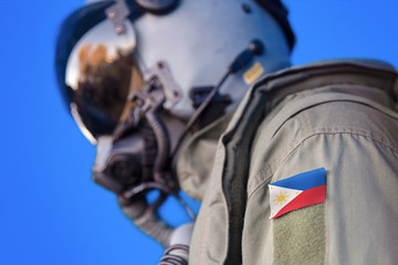 Air force pilot flight suit uniform with Philippines flag patch. Military jet aircraft pilot	