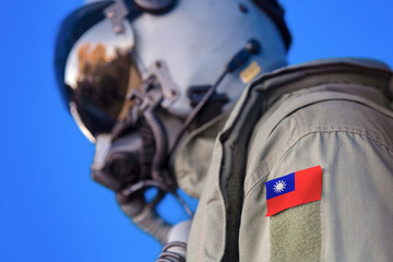 Air force pilot flight suit uniform with Taiwan flag patch. Military jet aircraft pilot	