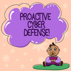 Word writing text Proactive Cyber Defense. Business concept for anticipation to oppose an attack involving computer Baby Sitting on Rug with Pacifier Book and Blank Color Cloud Speech Bubble