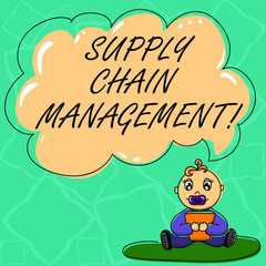 Word writing text Supply Chain Management. Business concept for analysisagement of the flow of goods and services Baby Sitting on Rug with Pacifier Book and Blank Color Cloud Speech Bubble