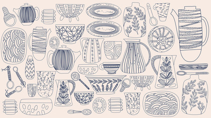Lovely bright abstract rustic colorful pattern of hand drawn dishes: vase, plates, jug, spoon, dish vector illustration. Perfect for greetings card, textile, fabric, wallpapers, banners, menu