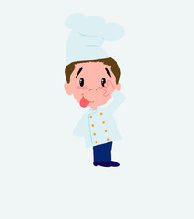 Chef sticks out his tongue in gesture of funny shyness.