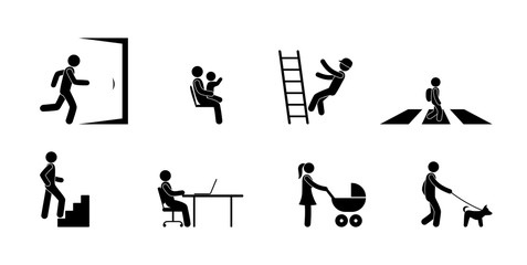 character set, people in different situations, man icon, exit sign, crosswalk