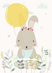 Vector illustration of cute happy rabbit wears blue dress with white stripes, with yellow balloon. Hand drawing bunny, poster for baby, decor of nursery room. Baby shower, wallpaper, kids wear design.