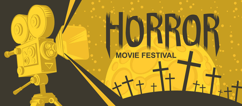 Vector banner for a festival horror movie. Illustration with old film projector and a cemetery on a moonlit night. Scary cinema. Can be used for ad, banner, flyer, web design