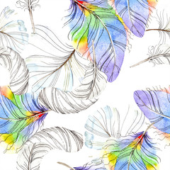 Plume d& 39 oiseau coloré d& 39 aile isolée. Aquarelle de mode dessin aquarelle isolé. Motif de fond sans couture.