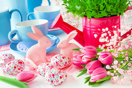 Eater decoration with bunny and tulips country style
