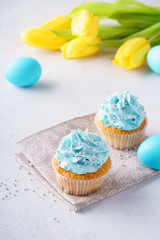 Vanilla cupcakes with frosting and colored eggs for Easter.