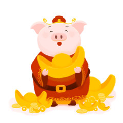 Cartoon pig dress up as chinese God of Wealth