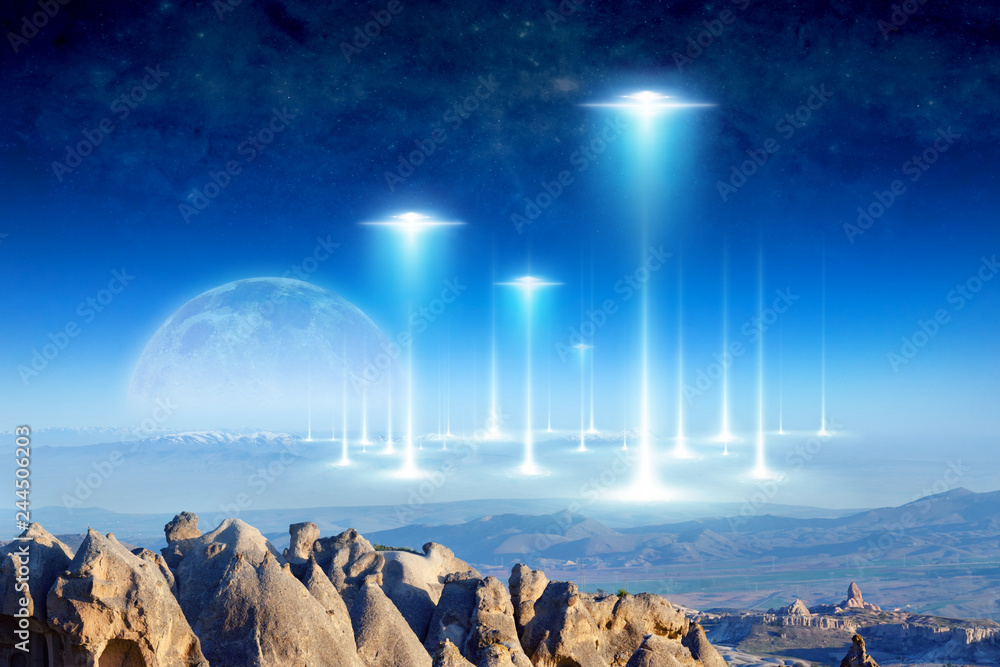 Wall mural alien arrival on planet earth, full moon rises above the horizon