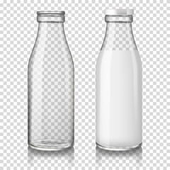 Realistic transparent empty and full (with milk) glass bottles, isolated on transparent background.