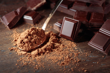Broken  chocolate pieces and cocoa powder .