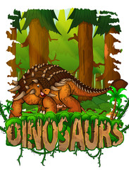 Ankylosaurus on the background of the forest. Vector logo. Dinosaur world