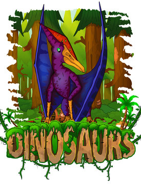 Pteranodon on the background of the forest. Vector logo. Dinosaur world