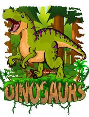 Tyrannosaurus on the background of the forest. Vector logo. Dinosaur world © Максим Ковальчук