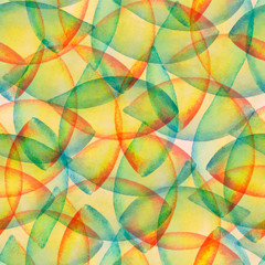 A lawn green, lime color abstract background. Hand drawn seamless watercolor repeat pattern with circles and triangles.Watercolour petals for scrapbooking. Hand painted print in impressionism style.