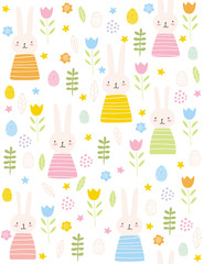 Cute Easter Rabbits Vector Pattern. Lovely Pink Bunnies and Eggs on a White Background. Simple Infantile Design. Nusery Art Vector Layout. Funny  Bunnies, Flowers and Eggs in an Abstract Garden.