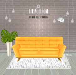 Modern Living room yellow sofa watercolor Vector. Interior design templates