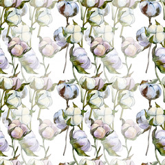 Cotton floral botanical flower. Watercolor background illustration set. Seamless background pattern.