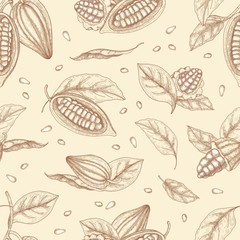 Botanical seamless pattern with pods or fruits of cocoa tree, beans and leaves hand drawn with contour lines on light background. Natural vector illustration in antique style for wrapping paper.