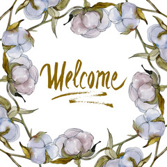 White cotton floral botanical flower. Watercolor background illustration set. Frame border ornament...