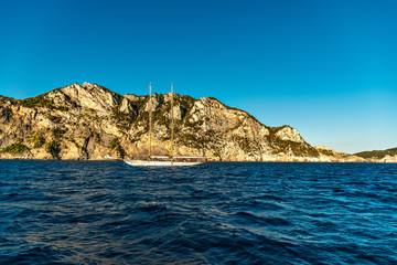Fototapeta na wymiar Superyacht Germania Nova at anchor in a bay along the Ligurian Coast