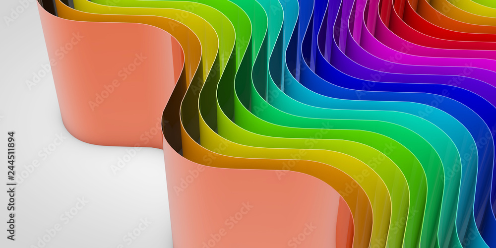 Poster abstract rainbow flowing curved lines background. 3d rendering
