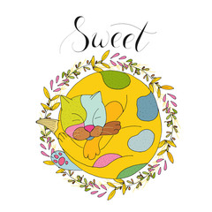 vector illustration sleeping colorful cat on white background with calligraphy