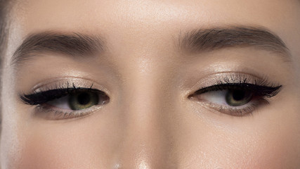 Beautiful macro shot of female eye with classic eyeliner makeup. Perfect shape of eyebrows, brown...