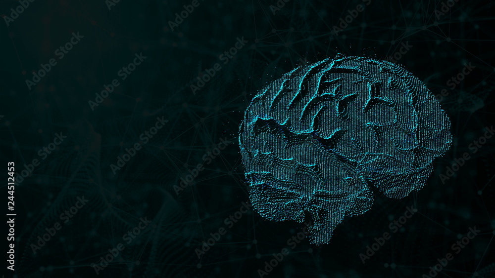 Poster 3d illustration of digital brain on futuristic background, concept of artificial intelligence and po