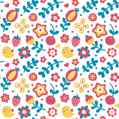 Seamless cute floral pattern with bird, flowers, berry, strawberry, colorful, cherry, plant, leaf, nature