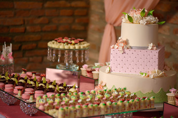 Large assortment of bite-sized cakes and a large three tiered cake embellished with velvet icing and sugar flowers, delicious dessert display at a wedding reception, a birthday party or a formal event