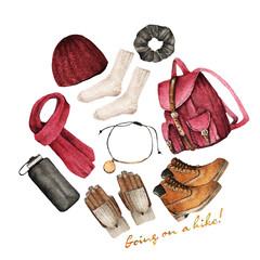 Watercolor Fashion Illustration. set of trendy accessories. Going on a hike. backpack, shoes, hat, scarf, socks, bracelet, gloves, scrunchie, water