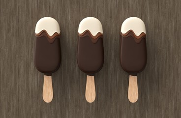 Three ice cream covered with creamy chocolate