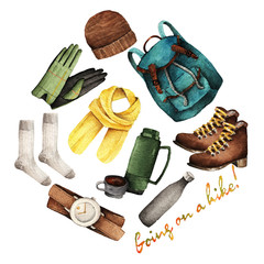 Watercolor Fashion Illustration. set of trendy accessories. Going on a hike. hat, scarf,  socks, shoes, backpack, gloves, watches, water, thermos