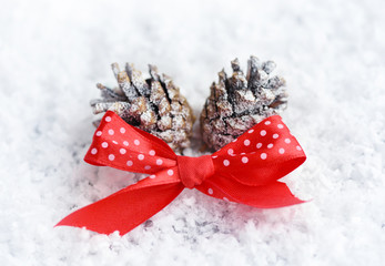Close-up pine cones with a red bow on the snow