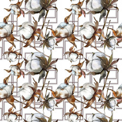 Cotton floral botanical flower. Watercolor background illustration set. Seamless background pattern.