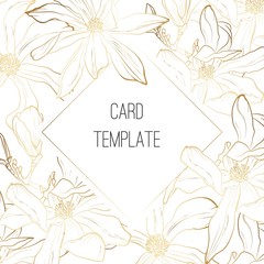 Botanical wedding invitation card template design, Golden Spring Magnolia flowers with golden frame on white background, vintage style.
