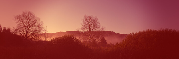 Dawn in the hilly terrain, meadow landscape countryside. Autumn season. Web banner for design. Color coral tonality.