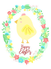 Vector image of a funny chick and flowers wreath with an inscription. Hand-drawn Easter illustration of chicken for spring happy holidays, summer, greeting card, poster, banner, children, print