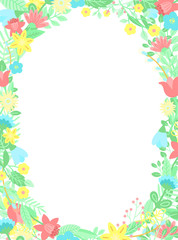 Vector image of a wreath of flowers and leaves on a white background. Hand-drawn Easter illustration for spring happy holidays, summer, greeting card, poster, banner, children, baby, print, decoration