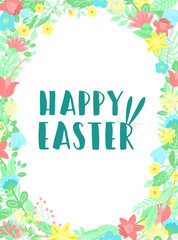 Vector image of a wreath of flowers and leaves with an inscription. Hand-drawn Easter illustration for spring happy holidays, summer, greeting card, poster, banner, children, print, decor